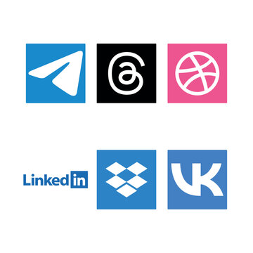 Set of essential digital networking and storage platform logos. Features editorial icons for Telegram, Threads, Dribbble, LinkedIn, Dropbox, and VK. High-quality vector assets for modern interface 