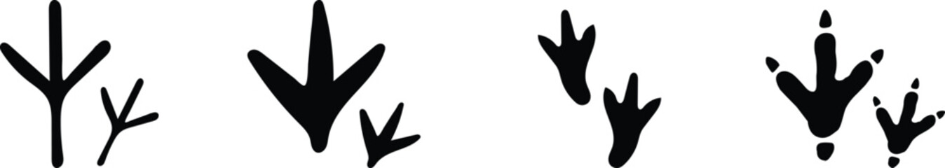 Bird footprint icon set representing wild animal track silhouette, poultry claw stamps and nature trail step guide. Symbol of avian tracking path, chicken paw mark, biology education © Shahar  ID: #7035539