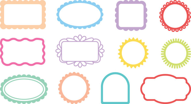 Cute decorative frame collection representing colorful scallop borders, wavy line labels and blank message text box tags. Symbol of hand drawn doodle borders, bullet journal decoration