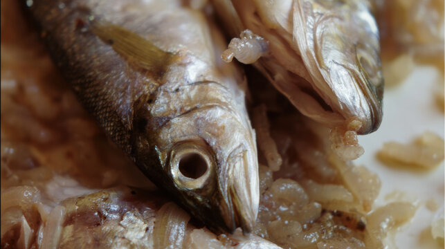 Cooked fish with maggots emerging from flesh, depicting decay and spoilage in food.