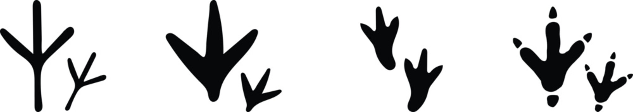 Bird footprint icon set representing wild animal track silhouette, poultry claw stamps and nature trail step guide. Symbol of avian tracking path, chicken paw mark, biology education