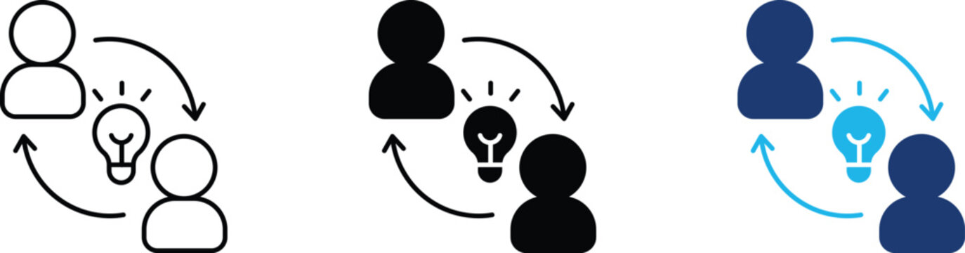 Knowledge sharing icon set representing team brainstorming collaboration, peer to peer experience transfer and creative business innovation. Symbol of community idea exchange, mentoring cycle.
