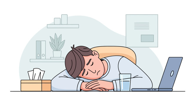 Illustration Of A Tired Man Resting On A Desk While Working At Office, Depicting Burnout