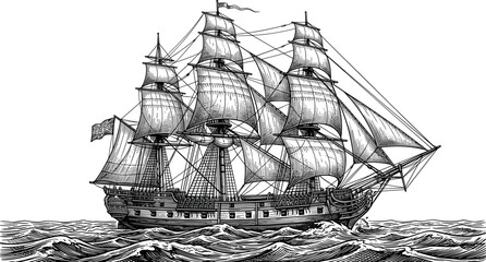 Vintage hand drawn sailing ship engraving style classic galleon vessel on ocean waves isolated black and white vector illustration © MDMAHABUR