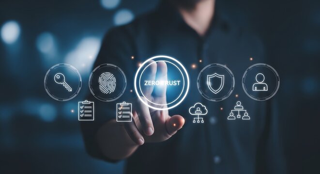 Person touching a digital interface displaying zero trust security concepts with for biometrics authentication encryption and network access control protocols