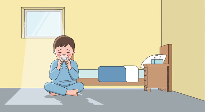 Illustration Of A Young Person Drinking Water in Their Bedroom During The Day
