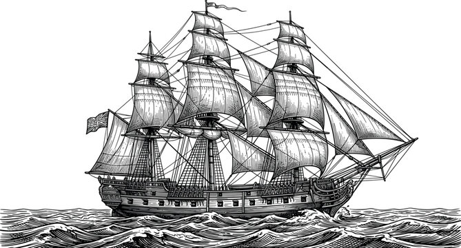 Vintage hand drawn sailing ship engraving style classic galleon vessel on ocean waves isolated black and white vector illustration