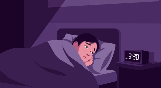 Illustration Of A Sleepless Person Looking Anxiously In The Middle Of The Night