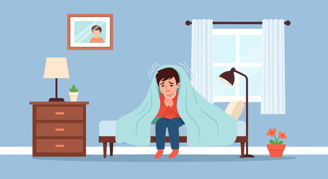 Illustration Of A Sick Child Wrapped In Blanket, Showing Signs Of Fever At Bedroom