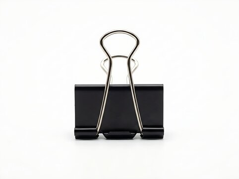 Minimalist black foldback paper clip with silver metallic levers, perfectly centered on a clean white surface backdrop.