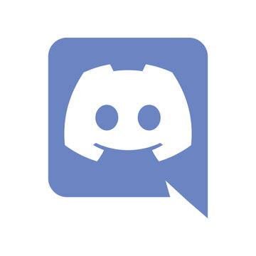 Flat vector icon showing the white stylized Discord "Clyde" robot controller silhouette inside a blurple (blue-purple) speech bubble container with a pointed chat tail. Represents the official logo 