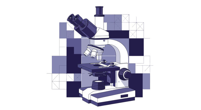Illustration Of An Optical Microscope Set Against Graphic Cubes And Grids