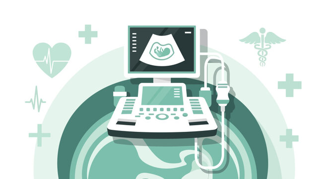 Illustration Of An Ultrasound And Pregnancy, Medical Healthcare Concept And Newborn