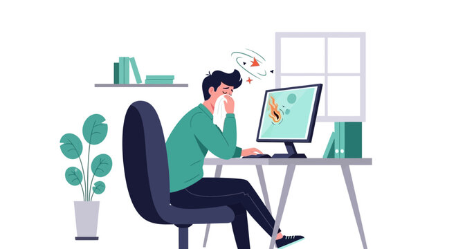 Illustration Of A Stressed Person Working On The Computer At Home Office