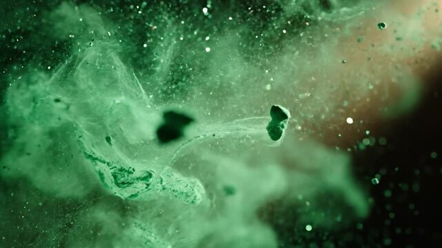 Emerald dust motes swirling in an unseen current, creating delicate green energy and motion