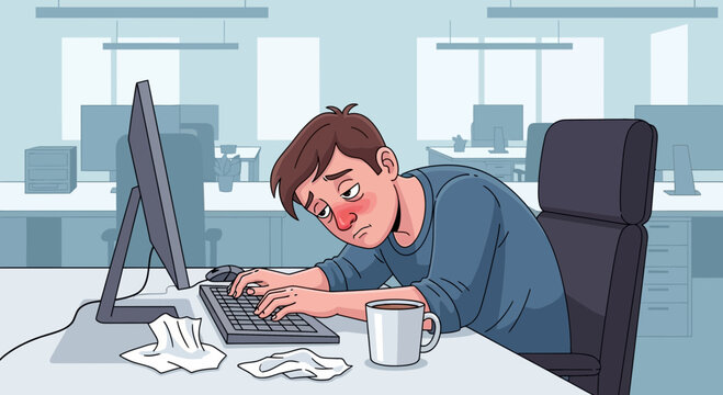 Illustration Of A Sick Worker At Desk, Flu Symptoms And Working Through Illness