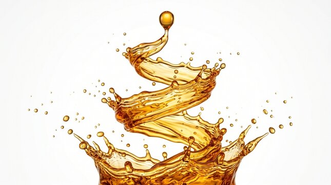 Golden liquid splashing upwards in a dynamic spiral motion with droplets on a white background