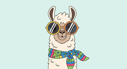 Obraz premium Cool Llama Wearing Sunglasses and Scarf, Cartoon Style