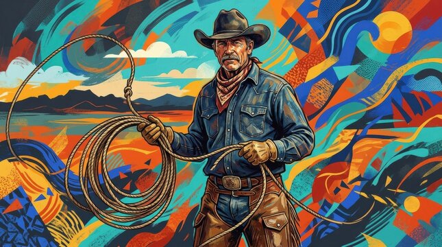Cowboy holding a lasso in front of a colorful abstract western landscape