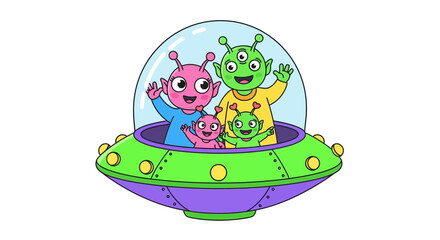 Obraz premium Cute Alien Family in Flying Saucer, Cartoon Style, Waving Hands