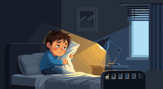 Illustration Of A Tired Child In Bed Illuminated By A Lamp At Nighttime
