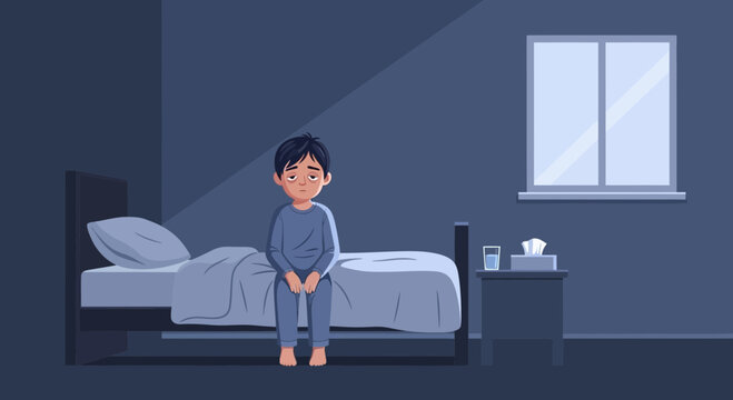 Illustration Of A Tired Child, Unwell After A Sleepless Night In The Bedroom