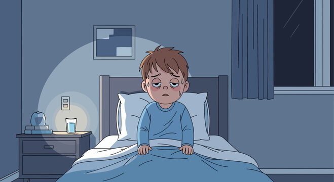Illustration Of A Tired Child, Awake At Bed, Depicting Sleep Disorder Symptoms