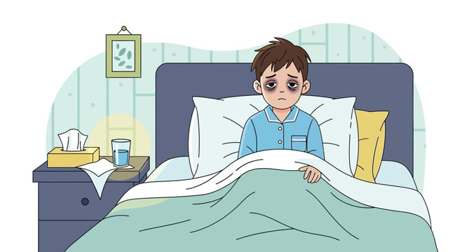 Illustration Of A Tired Child Suffering From An Illness Or Being Unwell In Bed At Home
