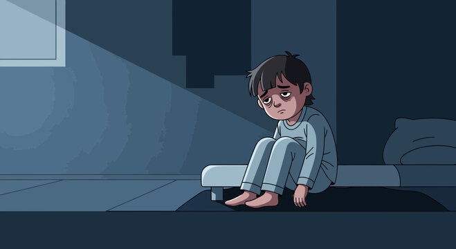 Illustration Of A Tired Child, Showing Sadness And Sleeplessness In His Bedroom