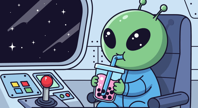 Cute alien drinking bubble tea in spaceship cockpit, looking at stars