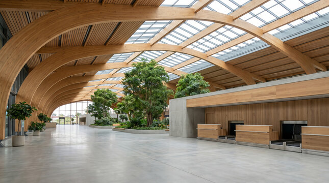 Modern Sustainable Architecture Interior with Curved Wooden Beams Glass Ceiling and Indoor Trees