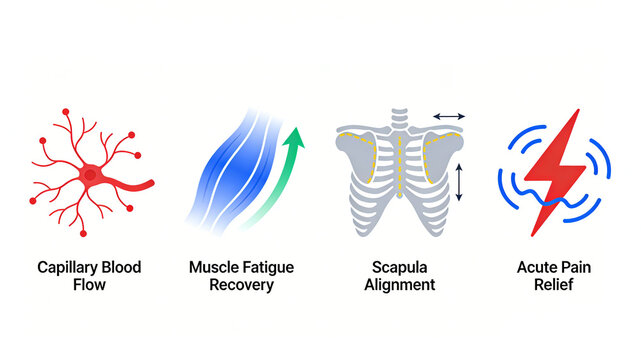 Capillaries, muscle recovery, scapula and lightning symbol, promote microcirculation, relieve fatigue and correct scapula, suitable for physical therapy equipment and posture correction products.
