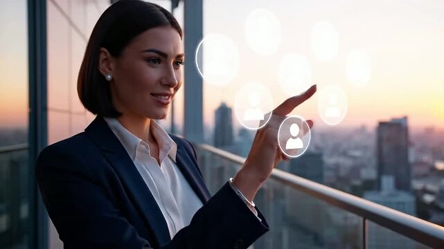 Businesswoman using touch screen interface on rooftop with cityscape backdrop or Professional woman interacts with digital interface outdoors overlooking city skyline