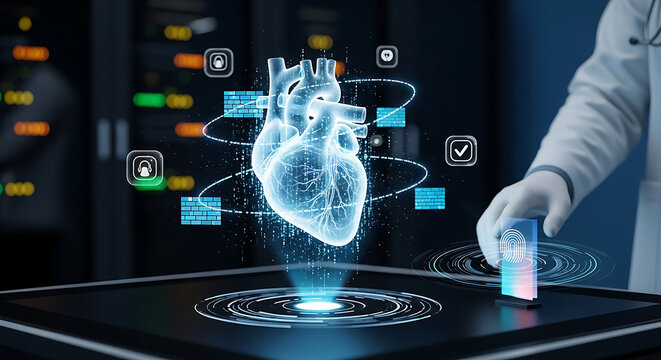 Advanced HIPAA medical privacy and patient data security concept featuring a digital heart hologram with biometric fingerprint authentication in a