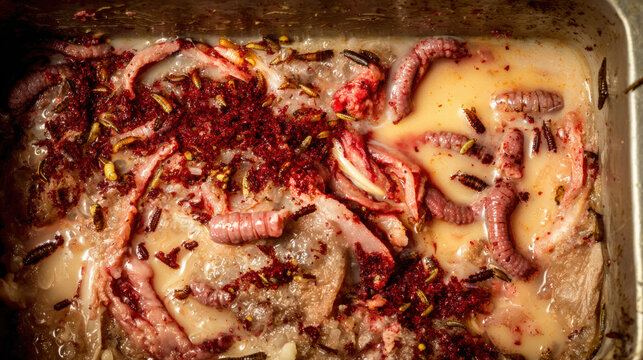Decomposing meat scraps with active maggots in an open container, illustrating decay and organic breakdown.