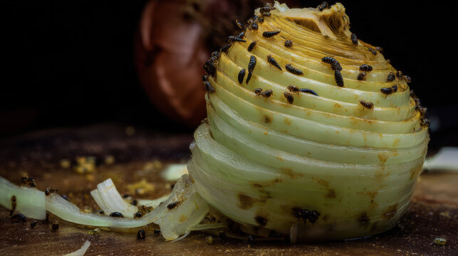 Onion layers collapsed into slime with maggots crawling between, depicting decay and organic decomposition.