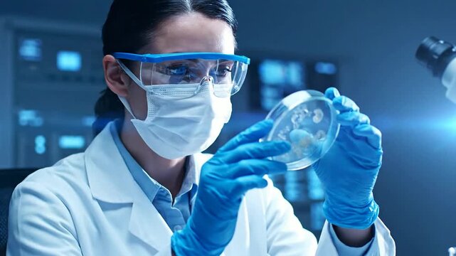 Female scientist examines petri dish in lab or female researcher analyzing bacterial culture in laboratory