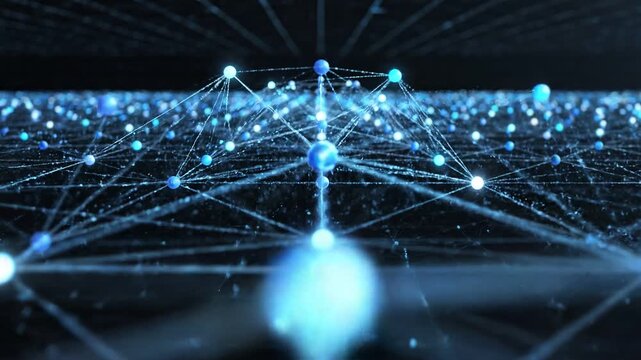 Digital network nodes connecting with glowing lines and luminous spheres, creating a sense of depth and technological atmosphere