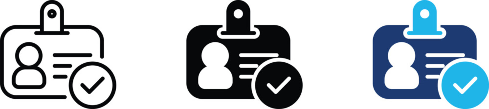 Identity card icon set representing verified corporate ID badge, driver license validation and membership pass checkmark. Symbol of employee identification certificate, secure office access layout.