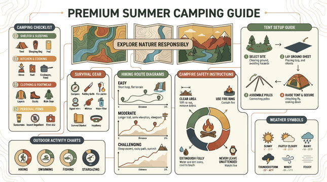 Camping guide infographic displays essential summer outdoor survival tips and safety protocols for responsible nature.