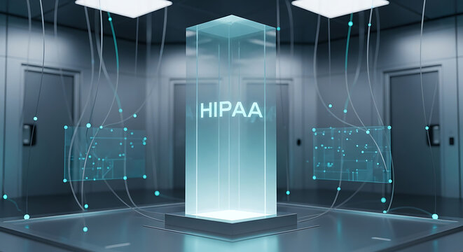 Secure HIPAA Compliance Technology Concept with Glowing Glass Monolith in HighTech Data Center for Healthcare Privacy and Medical Data Protection
