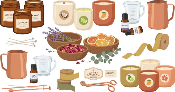 Candle making kit components are laid out with various soy wax containers and natural ingredients for artisanal production.
