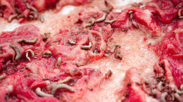 Raw decomposing raw meat left out on surface, crawling with maggots indicating decay and spoilage.