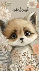 Fototapeta premium Adorable fox puppy gazes with soft, curious eyes. Delicate flowers frame the notebook cover gently. Pastel tones evoke calm, gentle, and whimsical vibes. Perfect for journals, planners