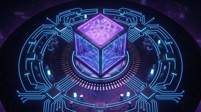 Aerial View of Futuristic Glowing Quantum Computing Cube on Circuit Board Platform Representing Advanced AI Processing, Data Architecture, and Tech Innovation