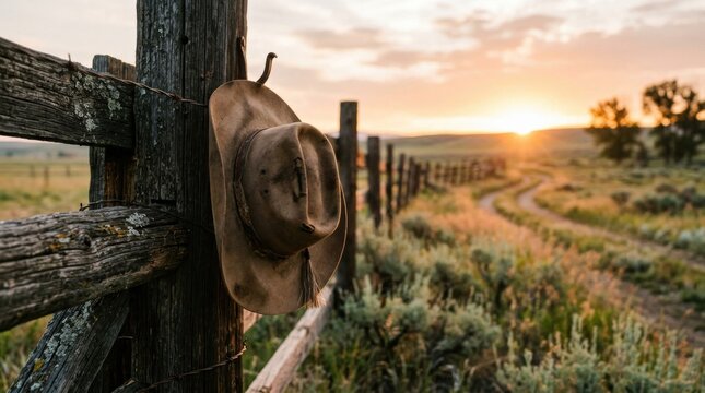 Worn cowboy hat hanging on a wooden fence post at sunrise on a ranch