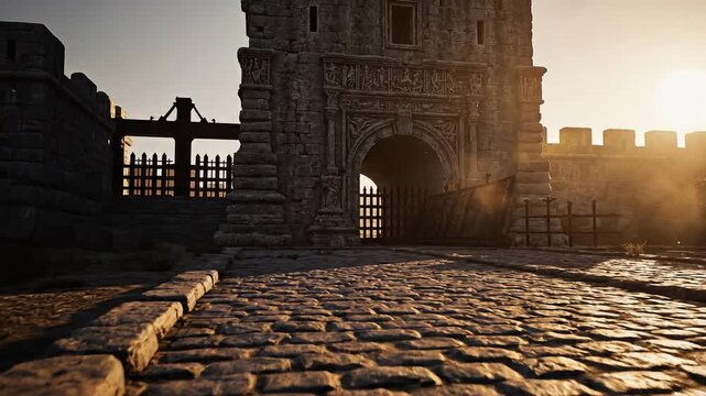 Stone fortress gate tower casting a shadow at sunset, creating a dramatic atmosphere with warm light on cobblestone path