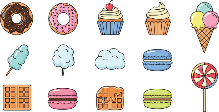 Sweet dessert vector icon set with donuts cupcakes ice cream macarons and candy isolated on white background