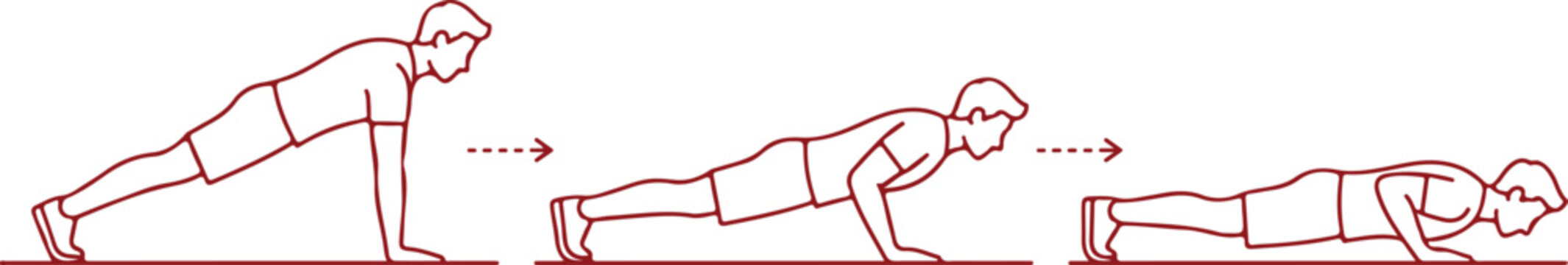 Man doing push up exercise sequence showing start middle and end positions isolated on white background vector illustration.