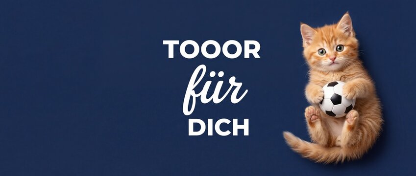 Cute orange kitten soccer ball holding toy on dark blue background banner, funny cat celebrating with German text Tooor fur Dich, sport pet theme greeting card for football fans and championship goals
